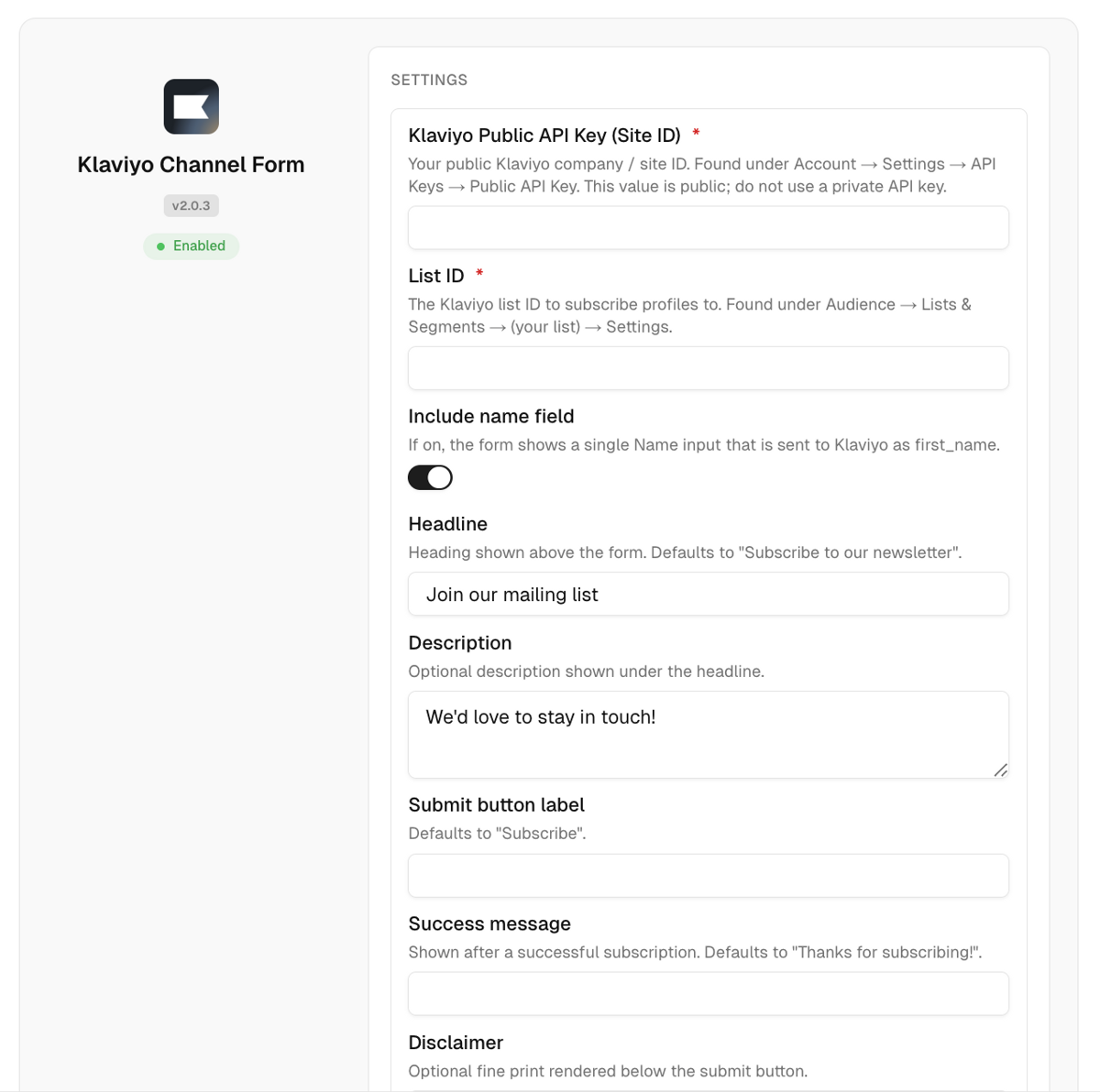 Klaviyo Channel Form screenshot 2